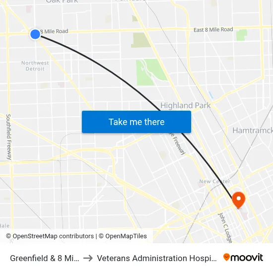 Greenfield & 8 Mile to Veterans Administration Hospital map