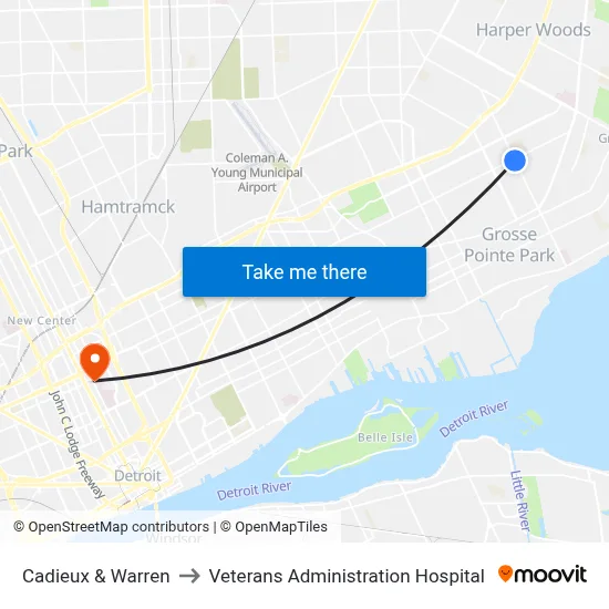 Cadieux & Warren to Veterans Administration Hospital map