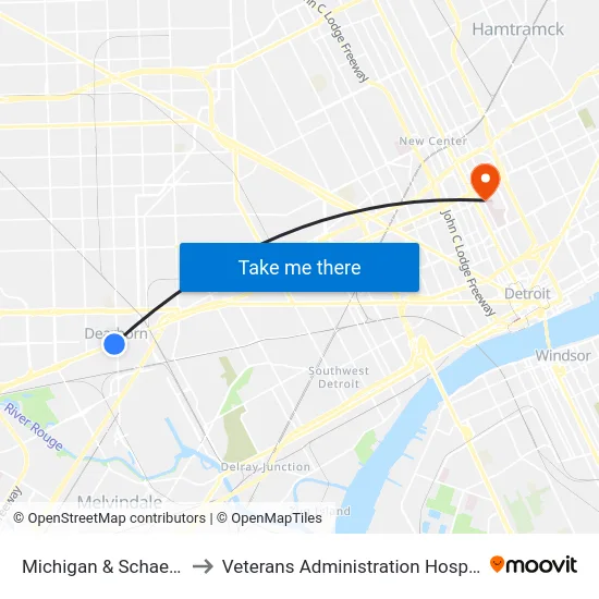 Michigan & Schaefer to Veterans Administration Hospital map