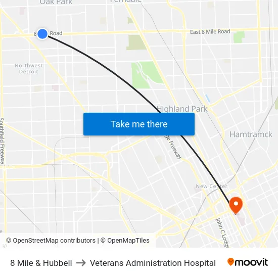 8 Mile & Hubbell to Veterans Administration Hospital map