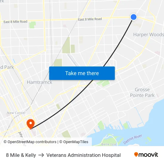 8 Mile & Kelly to Veterans Administration Hospital map