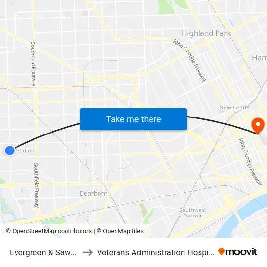 Evergreen & Sawyer to Veterans Administration Hospital map
