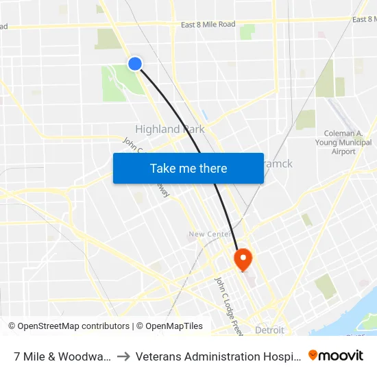 7 Mile & Woodward to Veterans Administration Hospital map