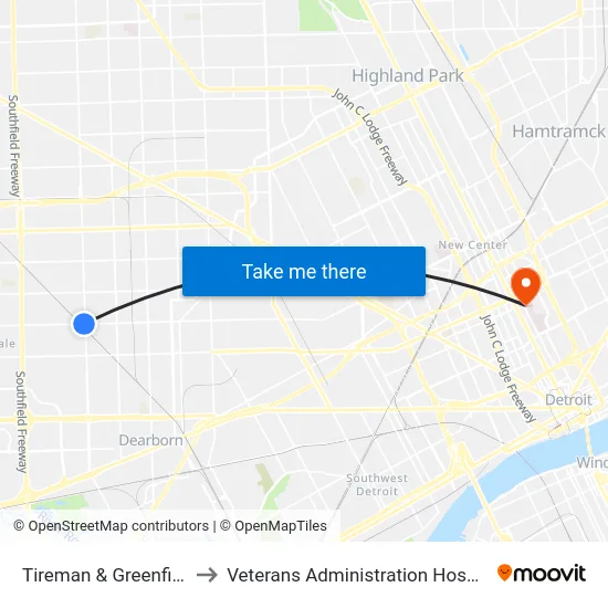 Tireman & Greenfield to Veterans Administration Hospital map