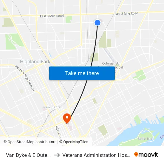 Van Dyke & E Outer Dr to Veterans Administration Hospital map