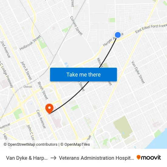 Van Dyke & Harper to Veterans Administration Hospital map