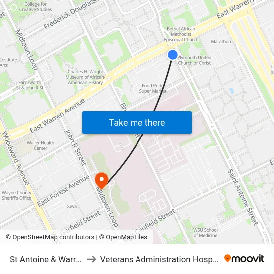 St Antoine & Warren to Veterans Administration Hospital map