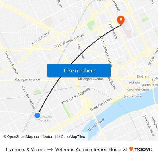 Livernois & Vernor to Veterans Administration Hospital map