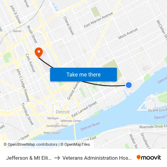 Jefferson & Mt Elliott to Veterans Administration Hospital map