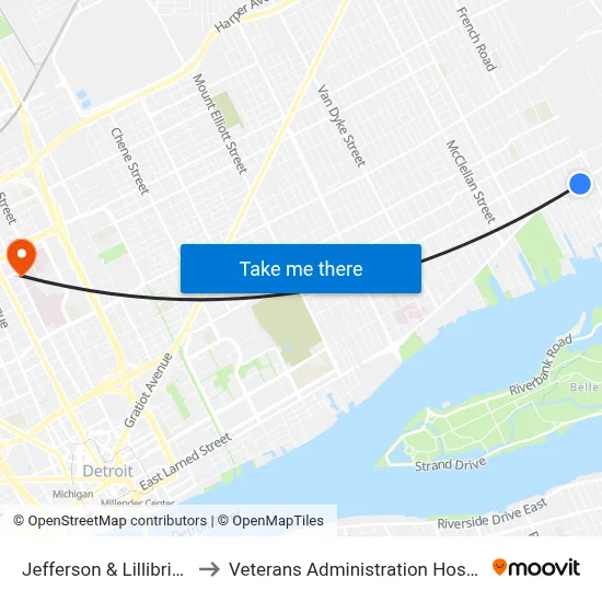 Jefferson & Lillibridge to Veterans Administration Hospital map