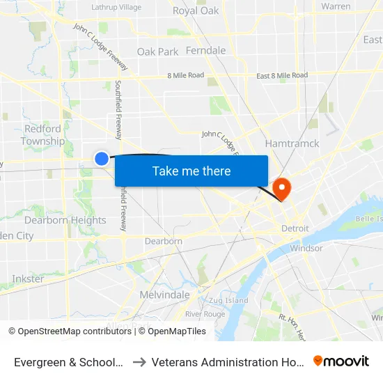 Evergreen & Schoolcraft to Veterans Administration Hospital map