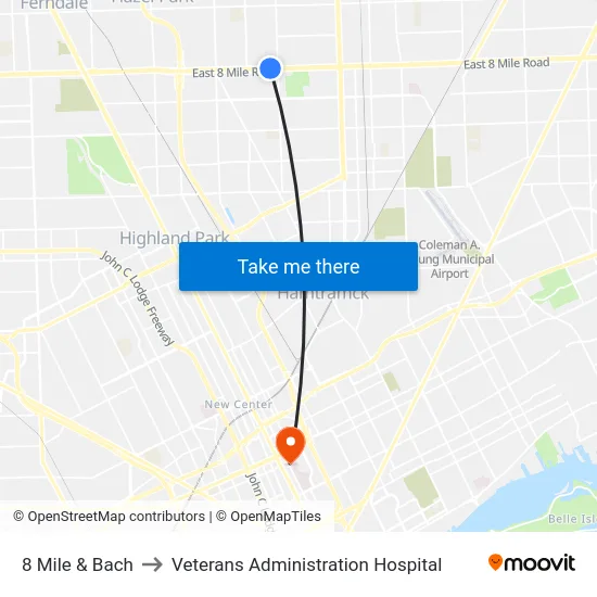 8 Mile & Bach to Veterans Administration Hospital map