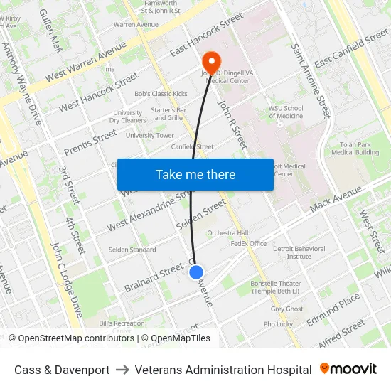 Cass & Davenport to Veterans Administration Hospital map
