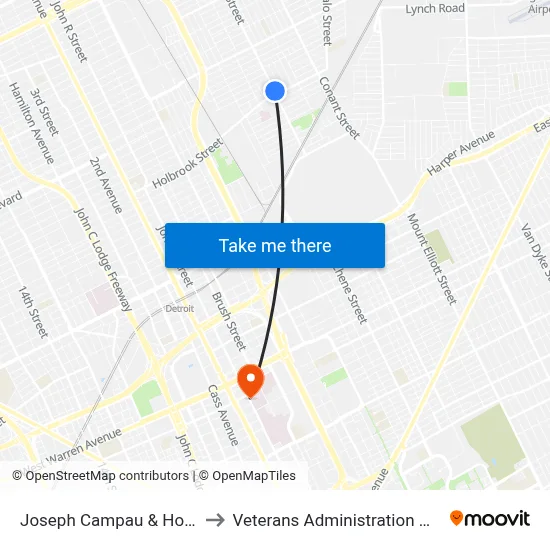Joseph Campau & Holbrook to Veterans Administration Hospital map
