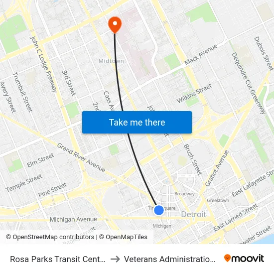 Rosa Parks Transit Center - Bay 3 to Veterans Administration Hospital map