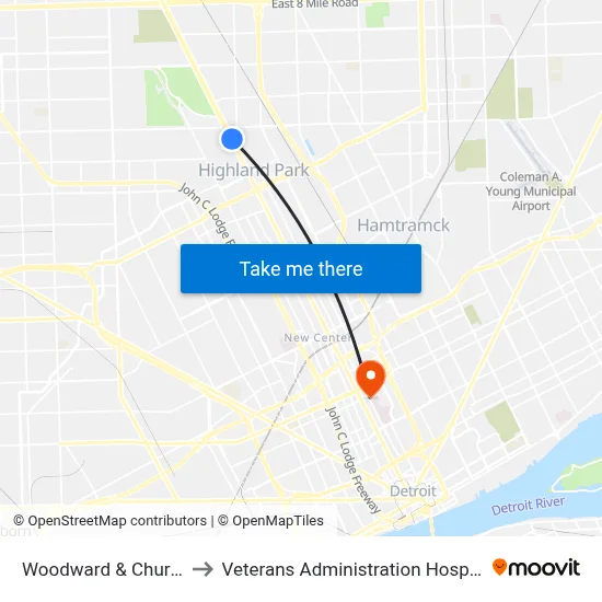 Woodward & Church to Veterans Administration Hospital map