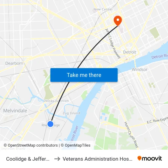 Coolidge & Jefferson to Veterans Administration Hospital map