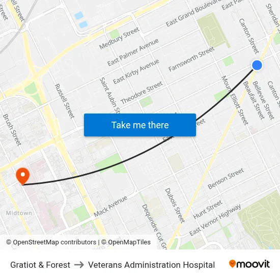 Gratiot & Forest to Veterans Administration Hospital map