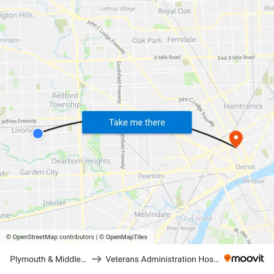 Plymouth & Middlebelt to Veterans Administration Hospital map