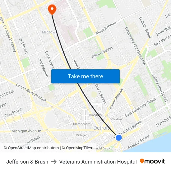 Jefferson & Brush to Veterans Administration Hospital map