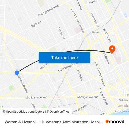 Warren & Livernois to Veterans Administration Hospital map