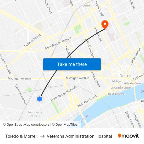 Toledo & Morrell to Veterans Administration Hospital map