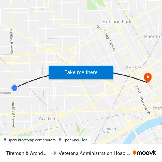 Tireman & Archdale to Veterans Administration Hospital map