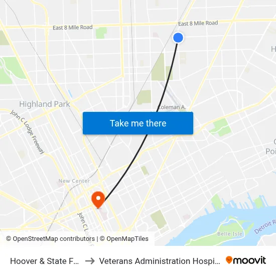 Hoover & State Fair to Veterans Administration Hospital map