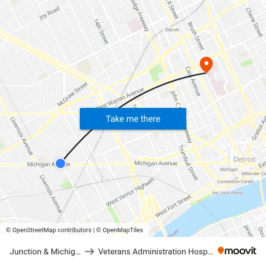 Junction & Michigan to Veterans Administration Hospital map