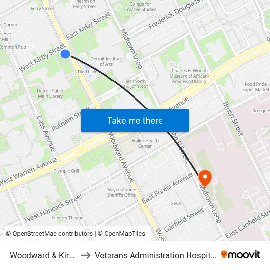 Woodward & Kirby to Veterans Administration Hospital map