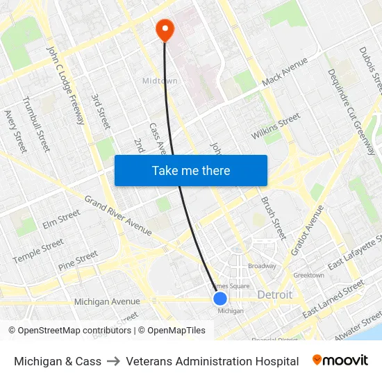 Michigan & Cass to Veterans Administration Hospital map