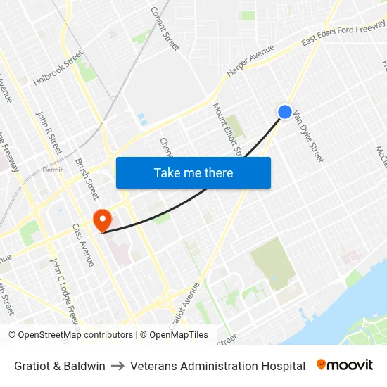 Gratiot & Baldwin to Veterans Administration Hospital map