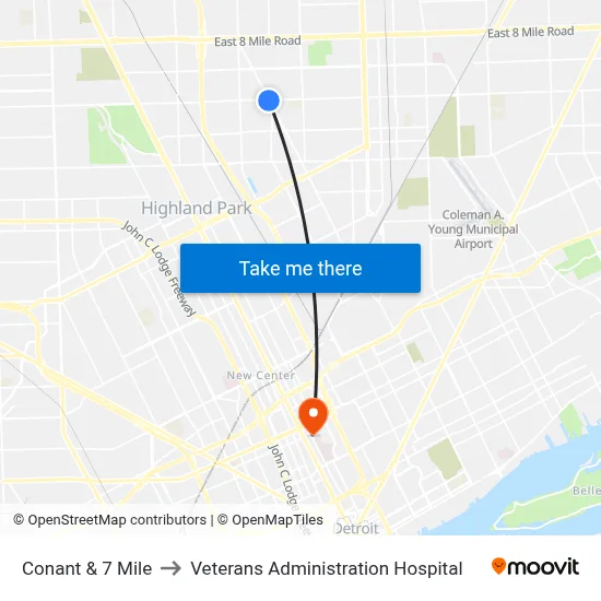 Conant & 7 Mile to Veterans Administration Hospital map