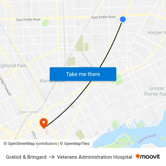 Gratiot & Bringard to Veterans Administration Hospital map