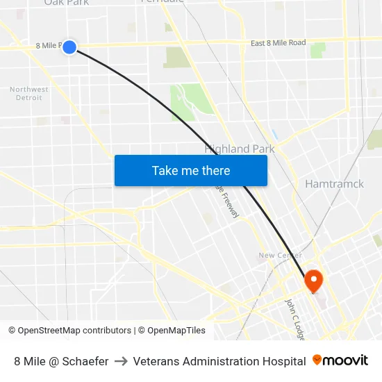 8 Mile @ Schaefer to Veterans Administration Hospital map