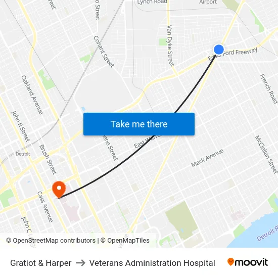 Gratiot & Harper to Veterans Administration Hospital map