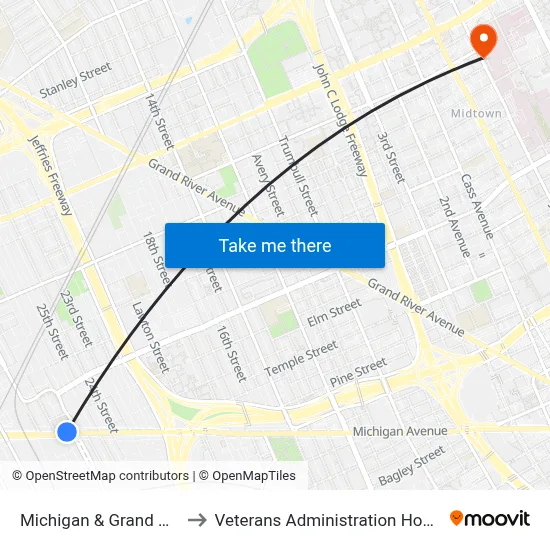 Michigan & Grand Blvd. to Veterans Administration Hospital map