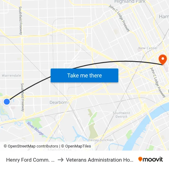 Henry Ford Comm. Coll to Veterans Administration Hospital map