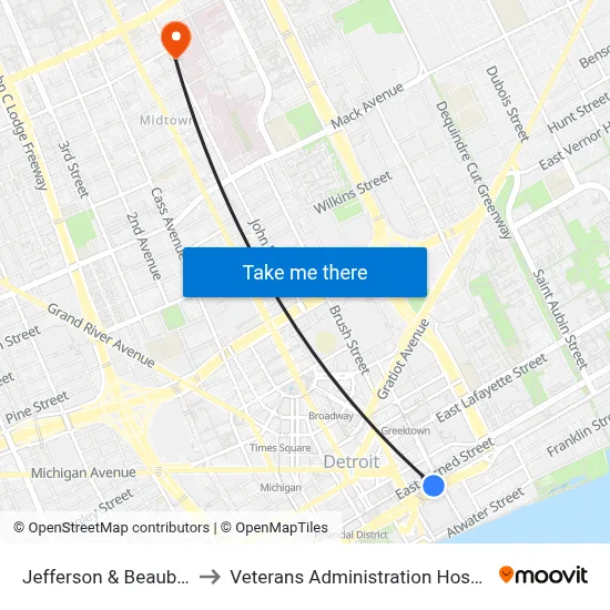 Jefferson & Beaubien to Veterans Administration Hospital map