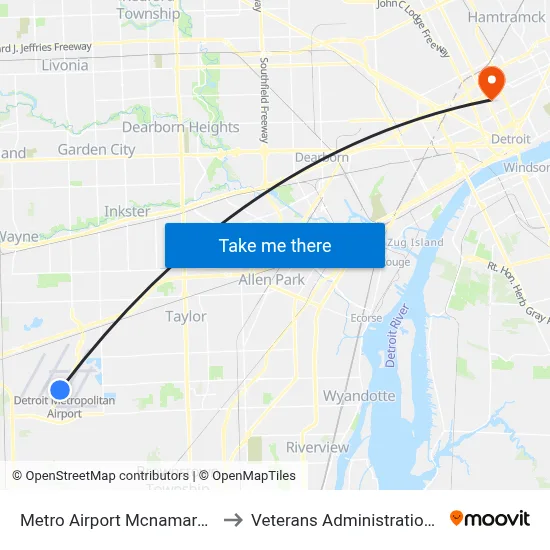 Metro Airport Mcnamara Terminal to Veterans Administration Hospital map