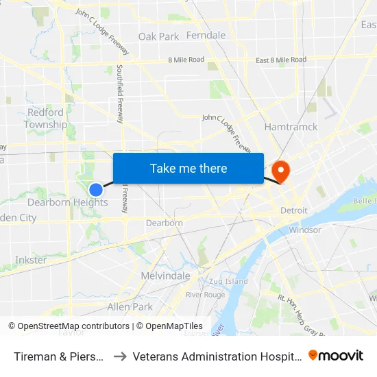 Tireman & Pierson to Veterans Administration Hospital map