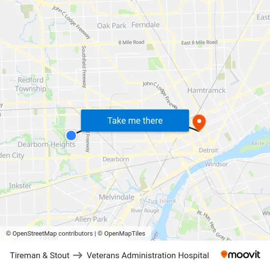 Tireman & Stout to Veterans Administration Hospital map