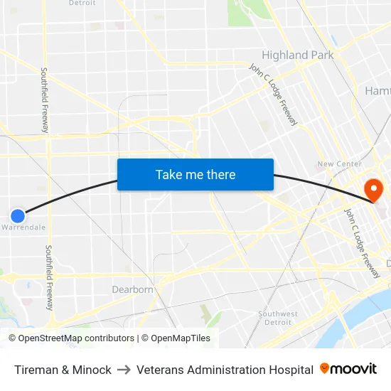 Tireman & Minock to Veterans Administration Hospital map