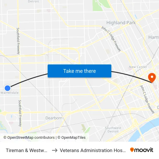 Tireman & Westwood to Veterans Administration Hospital map