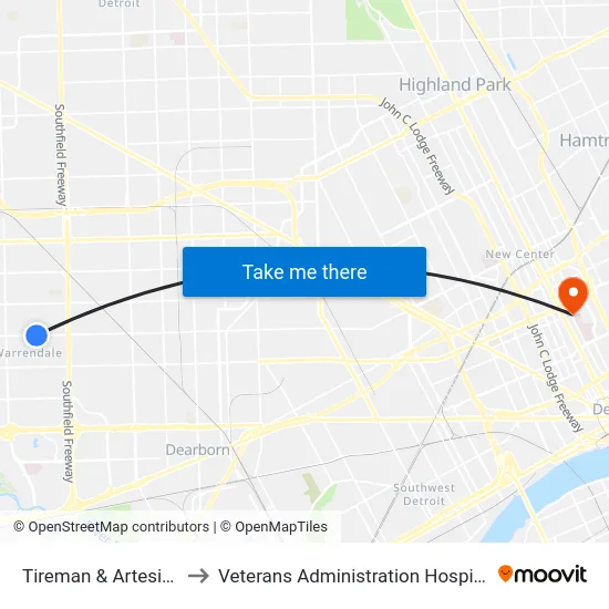 Tireman & Artesian to Veterans Administration Hospital map