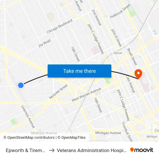 Epworth & Tireman to Veterans Administration Hospital map