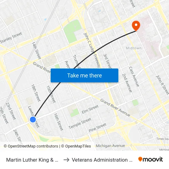 Martin Luther King & Lawton to Veterans Administration Hospital map
