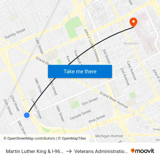 Martin Luther King & I-96 Service Dr to Veterans Administration Hospital map