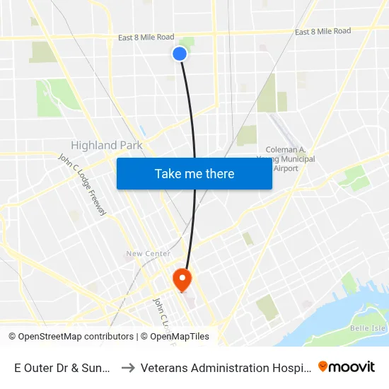 E Outer Dr & Sunset to Veterans Administration Hospital map
