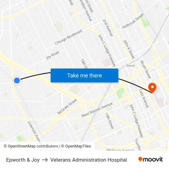Epworth & Joy to Veterans Administration Hospital map